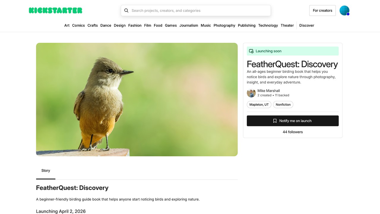 Intro to Kickstarter video thumbnail showing how to follow, back, and share FeatherQuest Discovery
