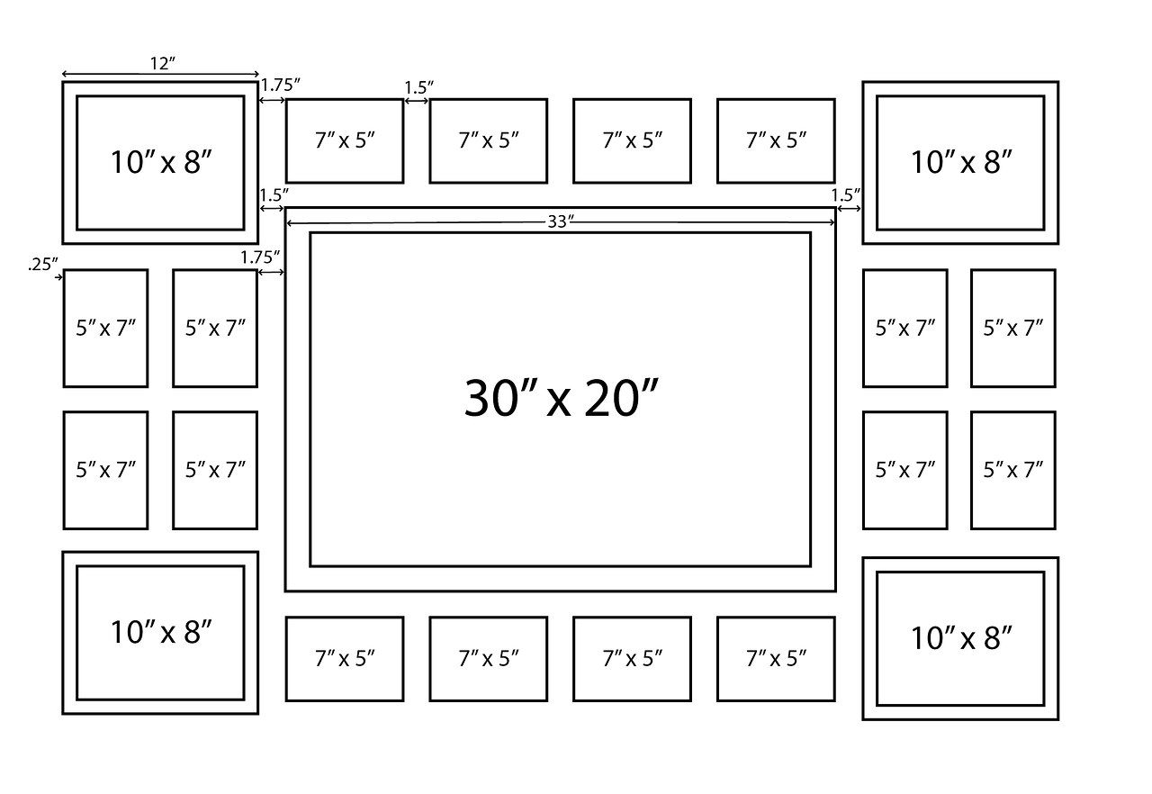 Bird photography gallery wall layout diagram showing center hero image surrounded by evenly spaced floating acrylic frames