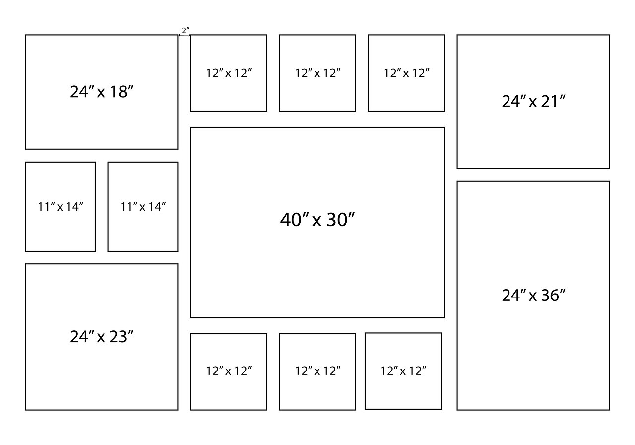 Family photo canvas gallery wall layout with balanced spacing and a large central image