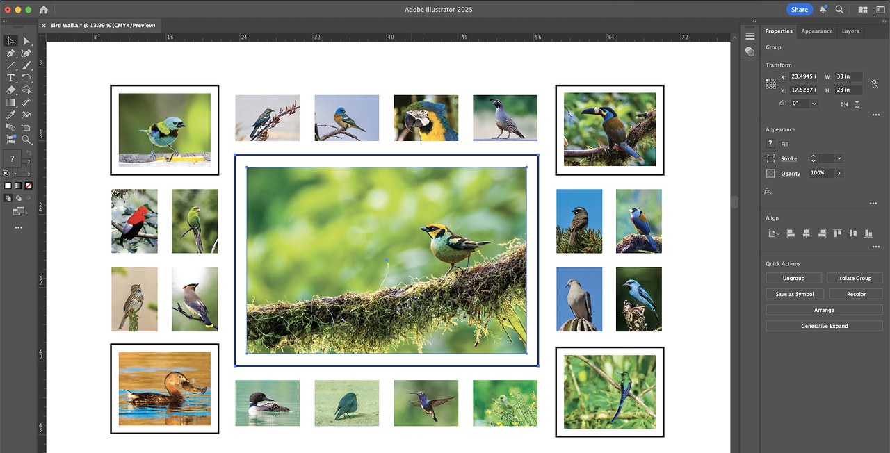 Digital layout mockup showing spacing and frame arrangement for the floating acrylic photo wall