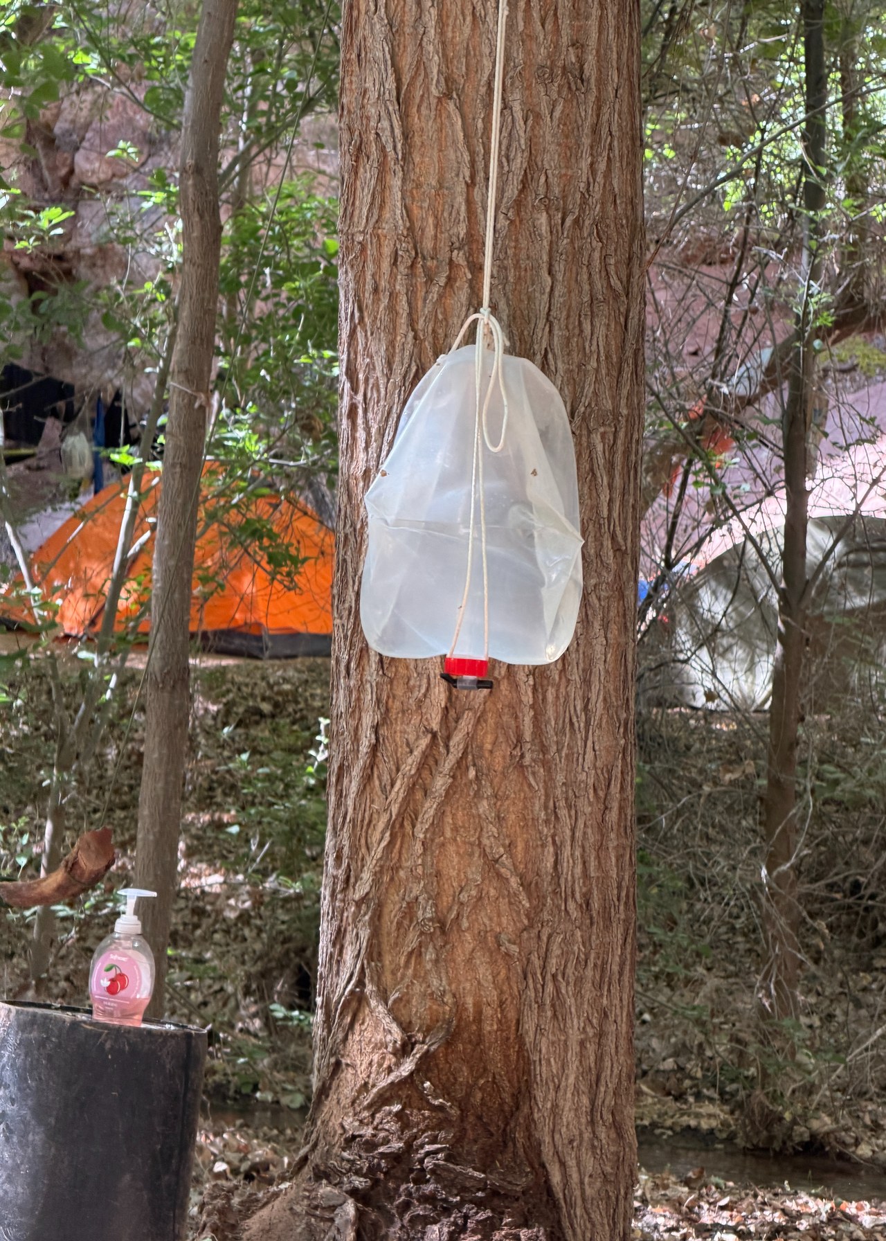 Simple campsite hand-washing station made from a collapsible water container and soap at Havasupai Campground.