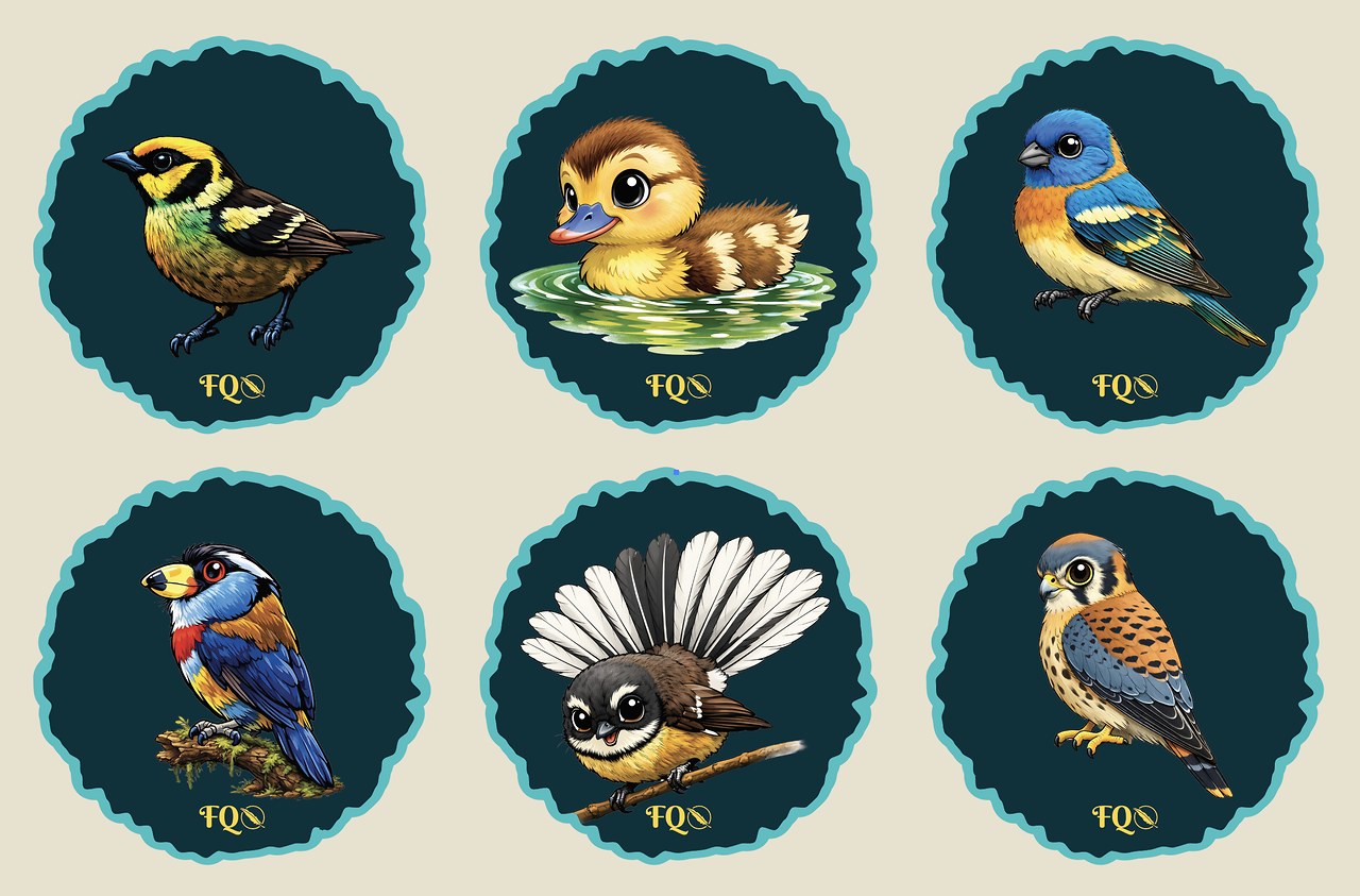Six FeatherQuest cartoon bird stickers including a duckling, lazuli bunting, toucan barbet, fantail, kestrel, and yellow-headed blackbird style illustration