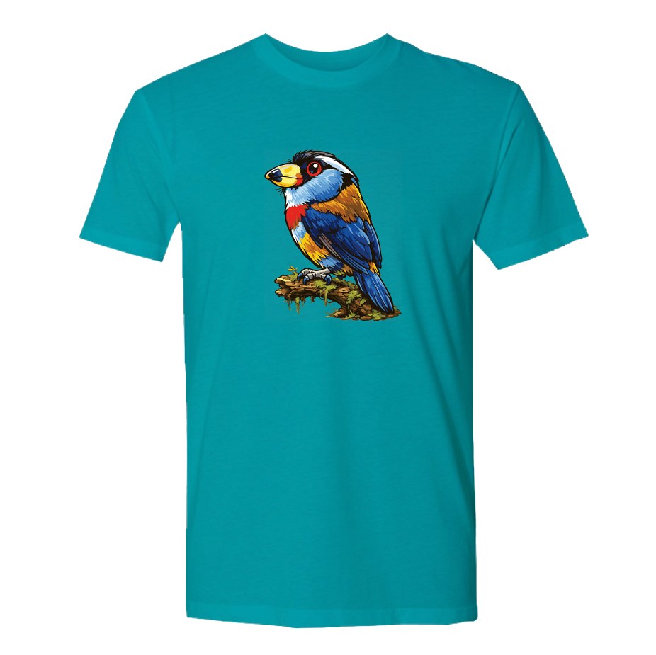 FeatherQuest blue shirt of a cartoon toucan barbet