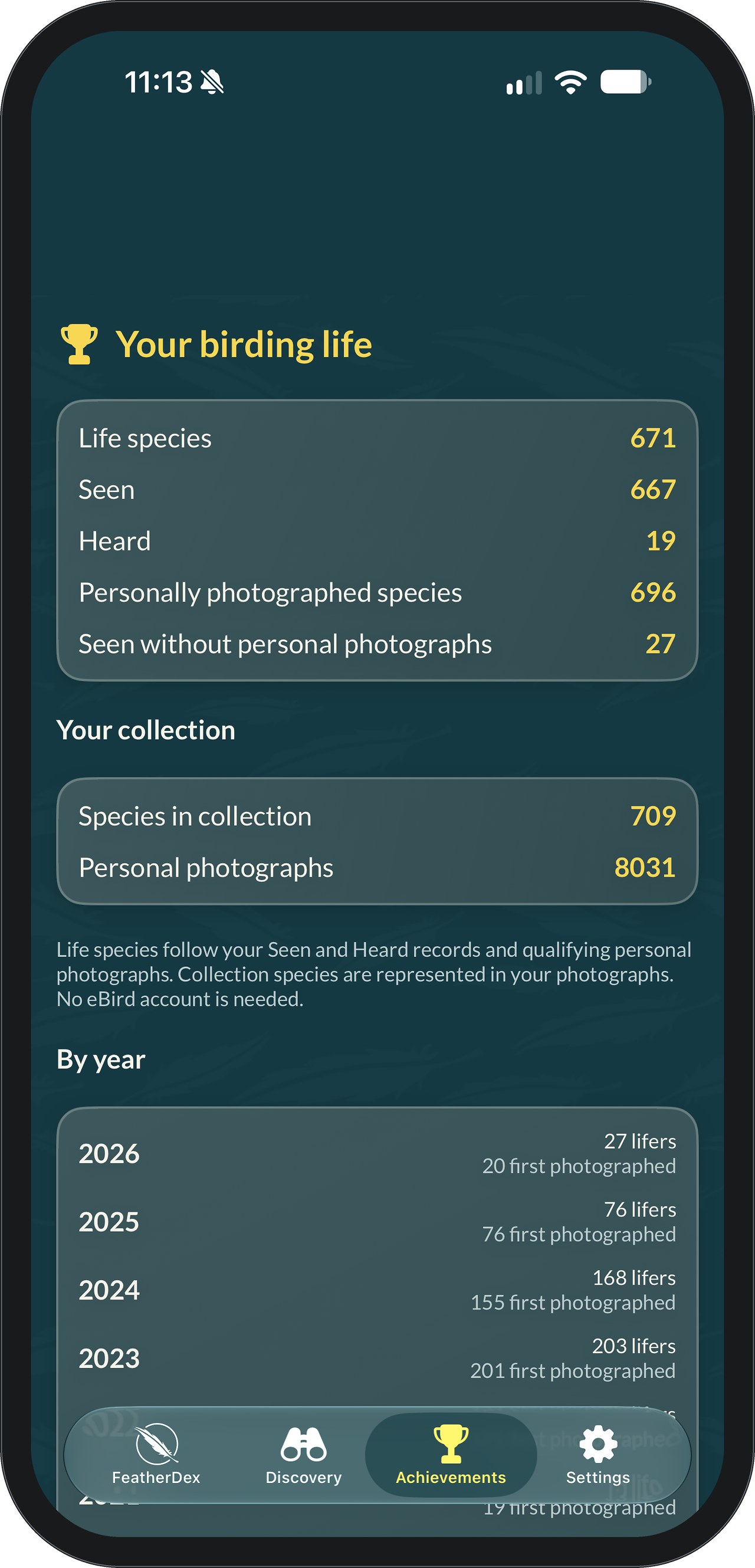 FeatherDex Achievements screen headed Your birding life, with life species, seen, heard and photographed totals, Your collection, and the start of a By year list