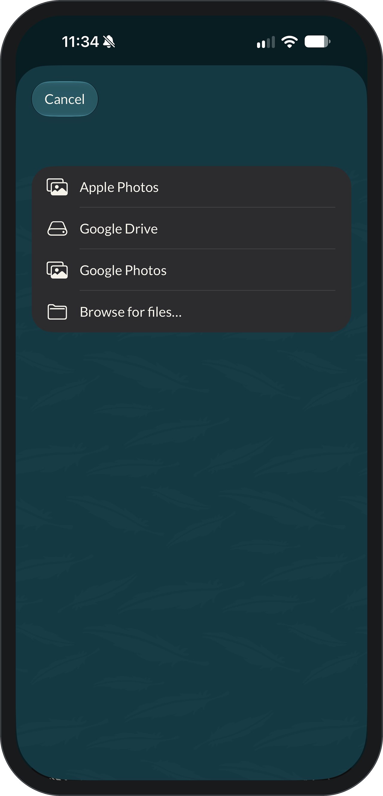 FeatherDex Add Source sheet listing Apple Photos, Google Drive, Google Photos, and Browse for files