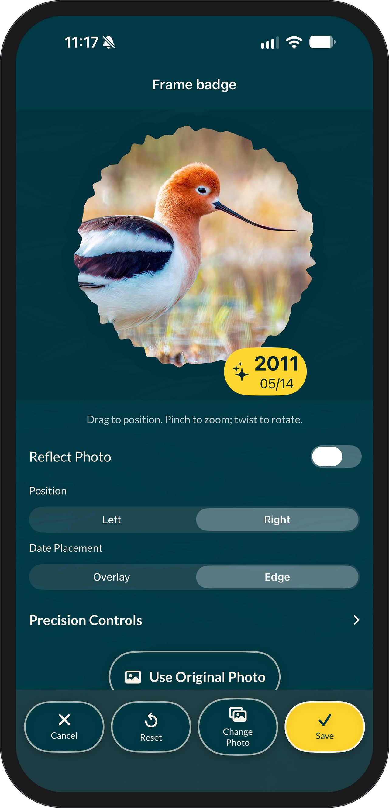FeatherDex Frame Badge editor showing an American Avocet inside the scalloped ring with a yellow date pill reading 2011 05/14. Below are the hint Drag to position, pinch to zoom, twist to rotate, a Reflect Photo switch, Position set to Left or Right, Date Placement set to Overlay or Edge, Precision Controls, and Use Original Photo, Cancel, Reset, Change Photo and Save buttons