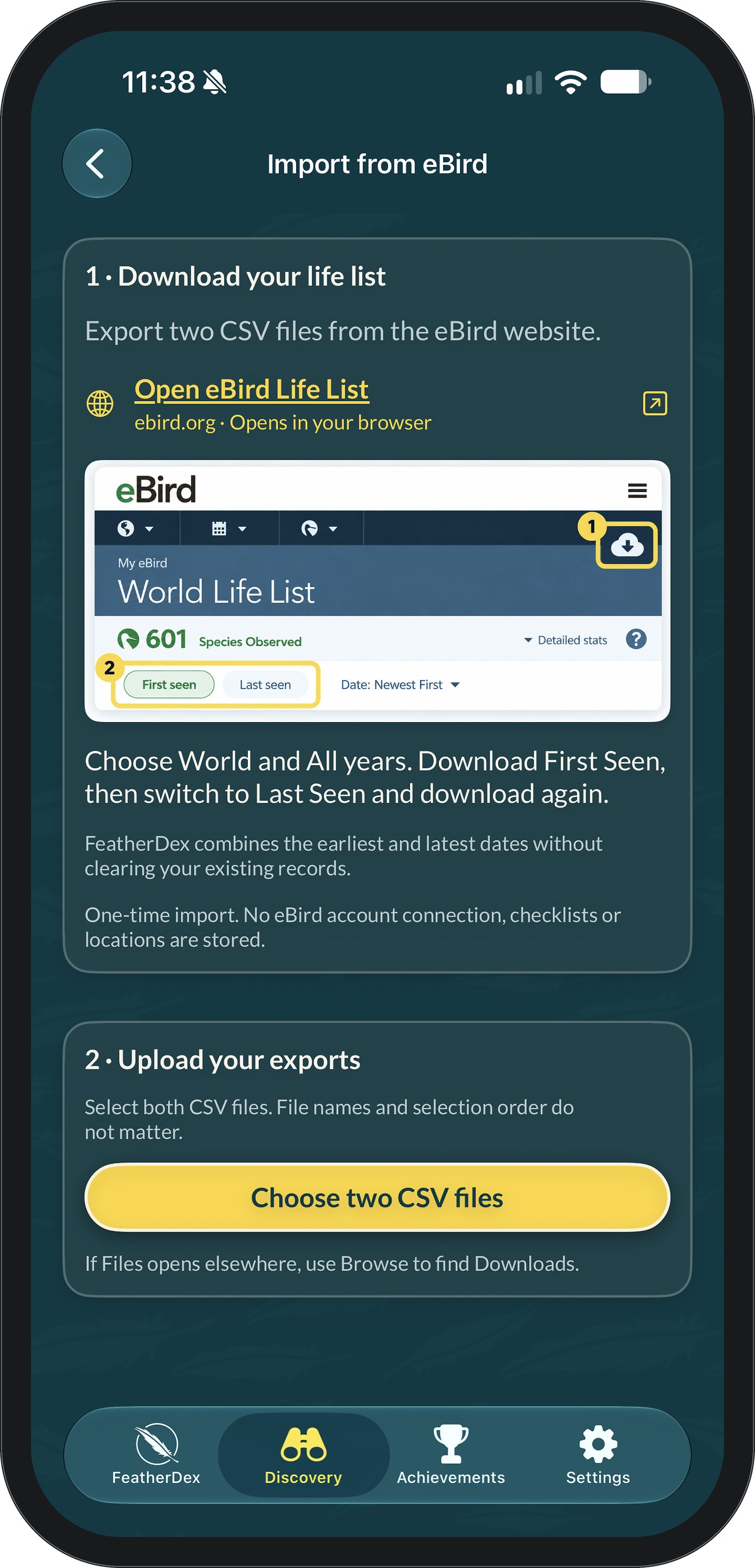 FeatherDex eBird import guide showing how to download your World Life List from eBird as the First Seen and Last Seen files