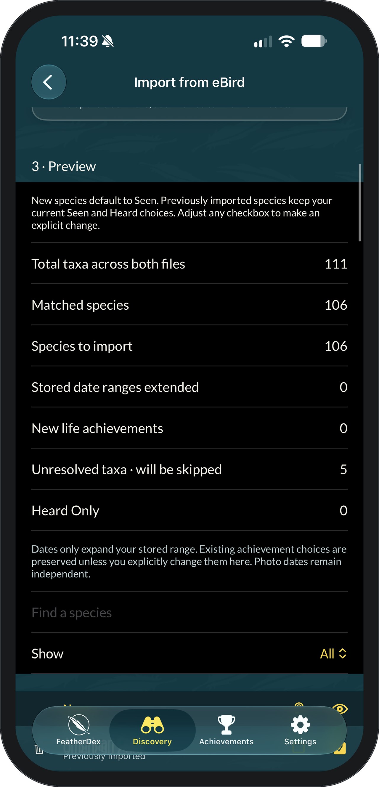 FeatherDex eBird import preview summarizing what will be imported and which entries need review before anything is saved