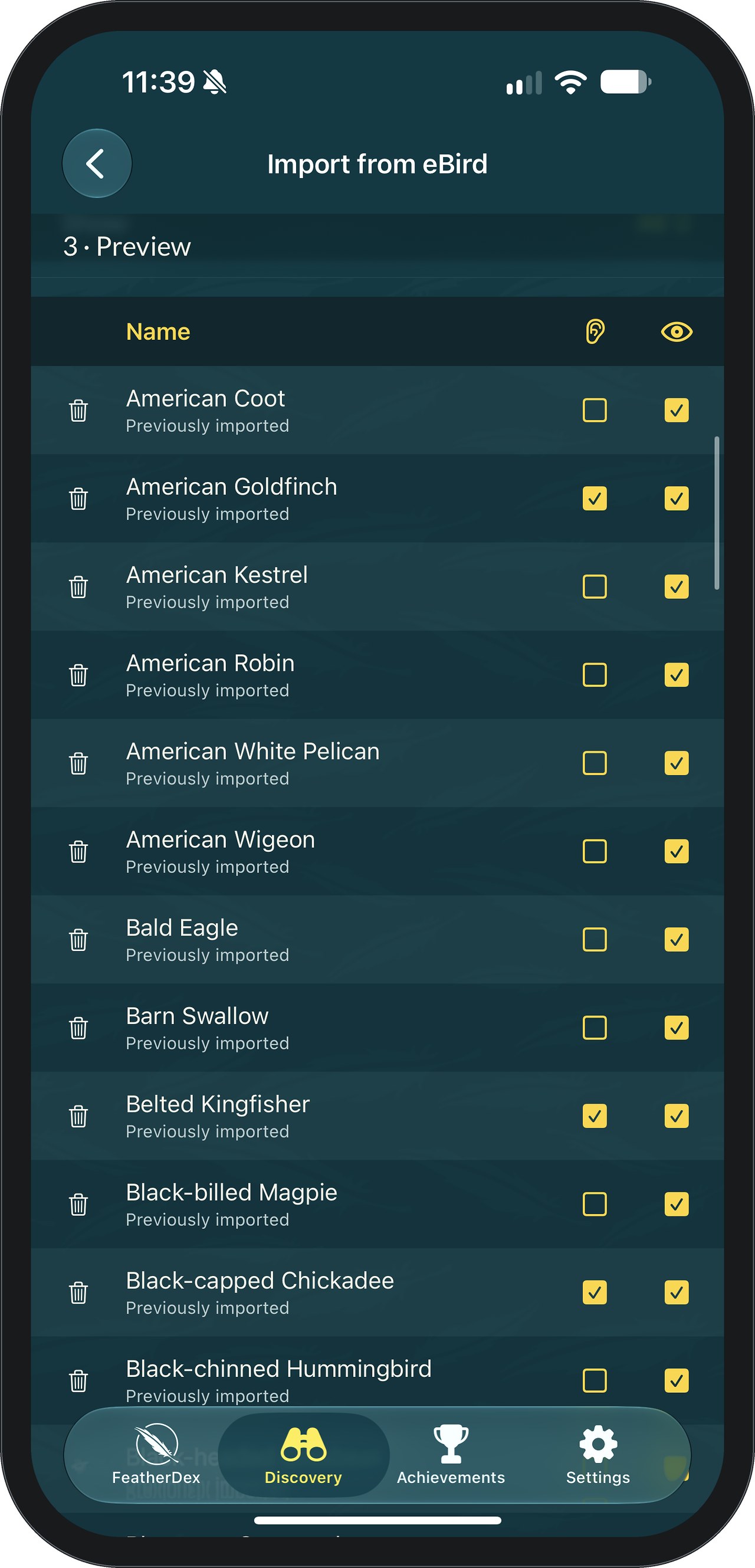 FeatherDex eBird import review list where each species has Seen and Heard checkboxes, with Seen checked by default
