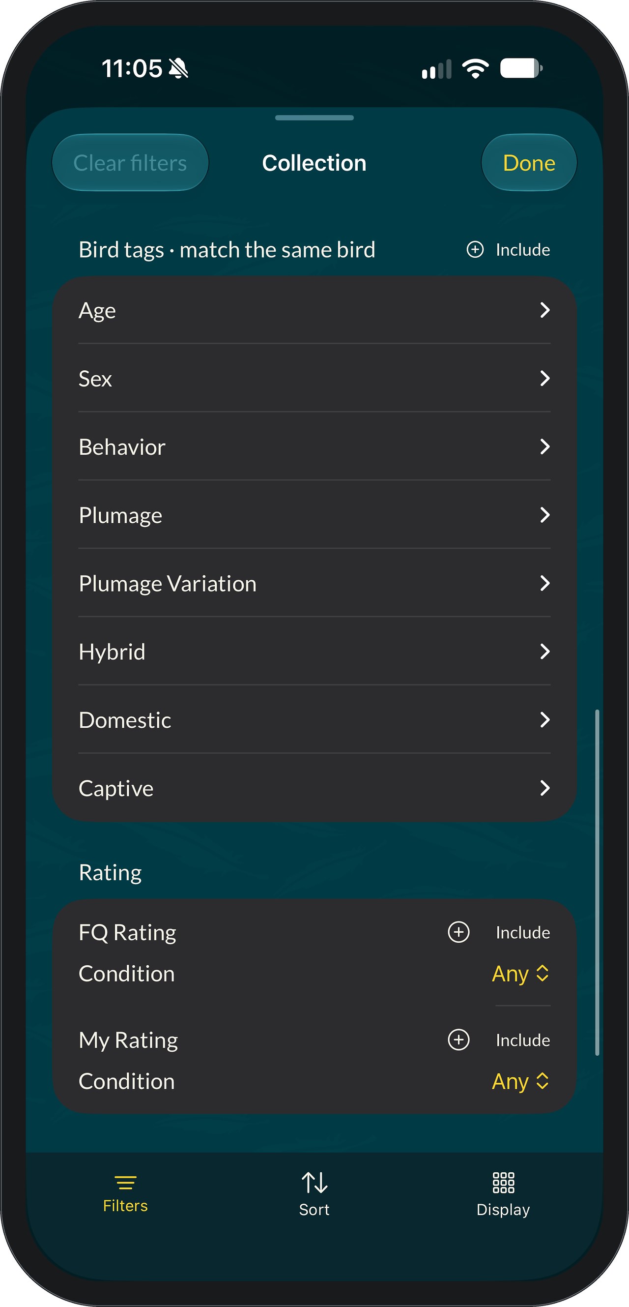 FeatherDex Collection filters showing Bird tags matched to the same bird, with Age, Sex, Behavior, Plumage, Plumage Variation, Hybrid, Domestic and Captive, and a Rating section with conditions for FQ Rating and My Rating