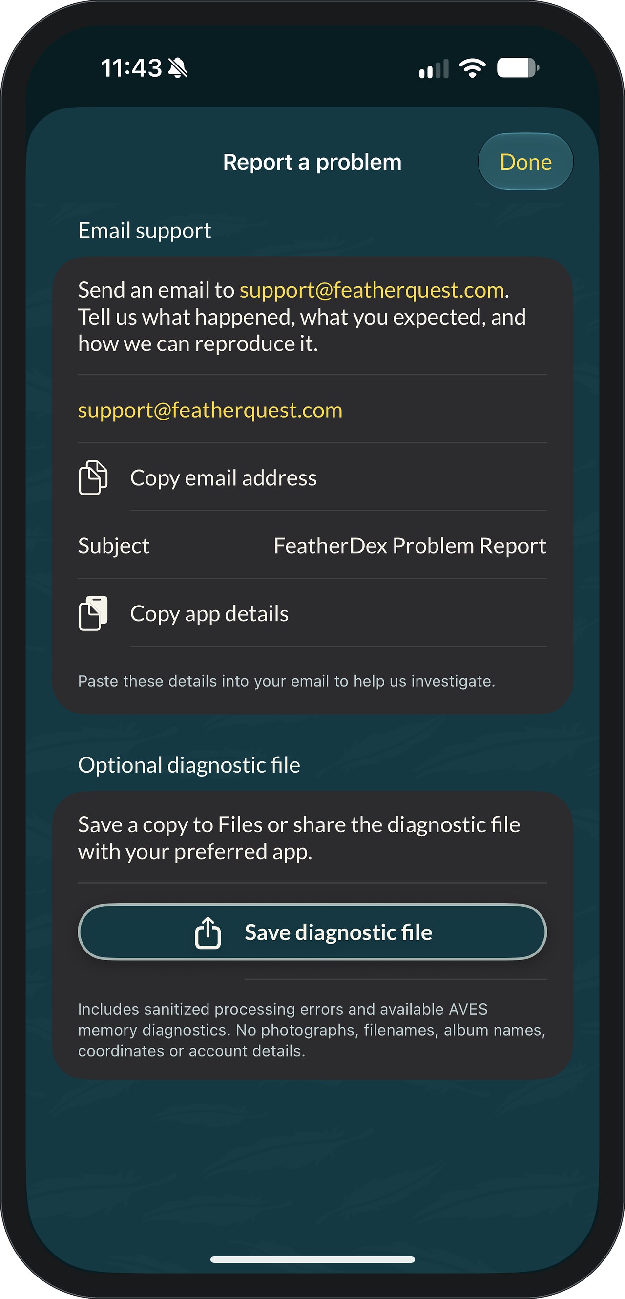 FeatherDex Report a problem sheet for emailing support, with an option to attach a diagnostic file