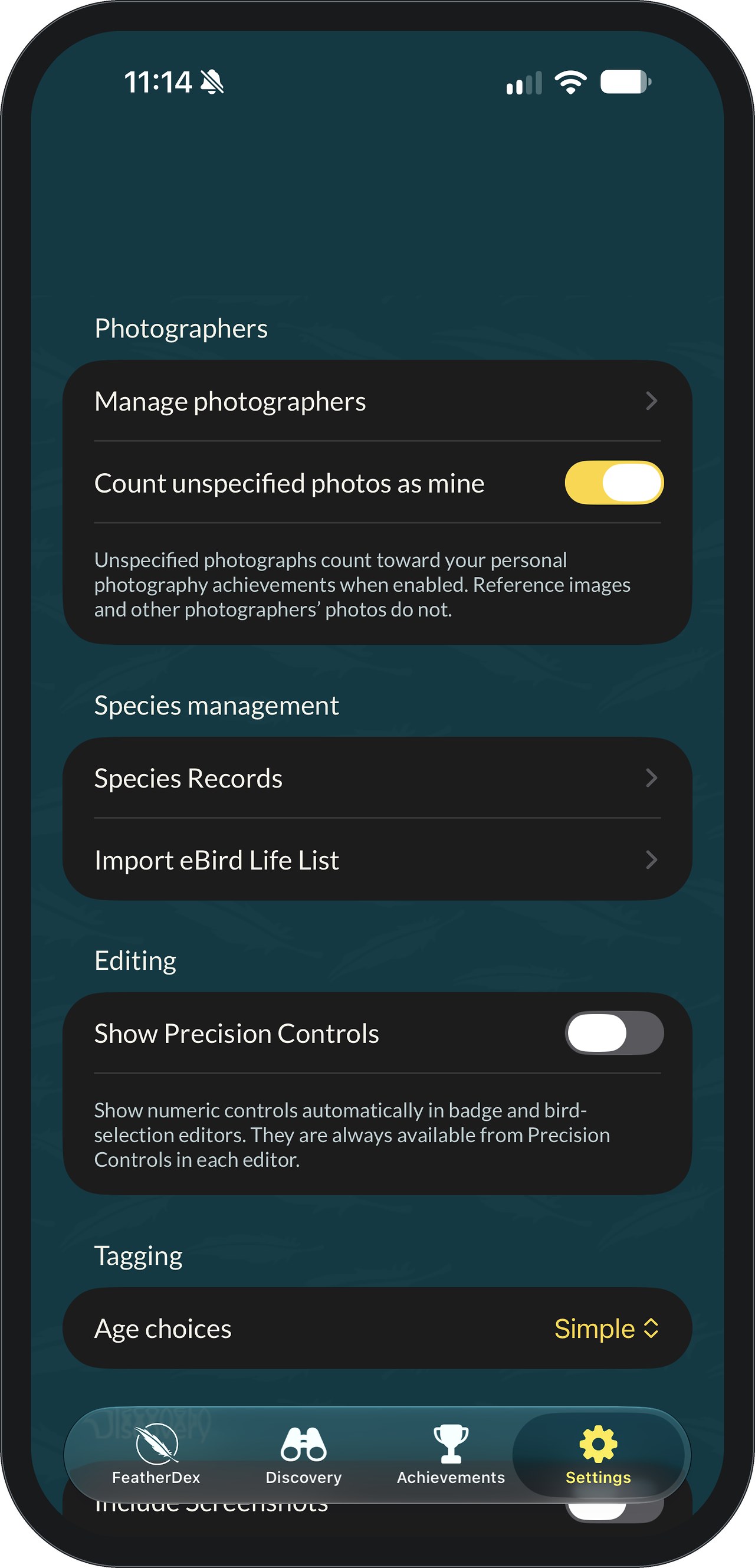 FeatherDex Settings screen showing Photographers with Manage photographers and a Count unspecified photos as mine switch turned on, then Species management with Species Records and Import eBird Life List, an Editing section with Show Precision Controls, and Tagging with Age choices set to Simple