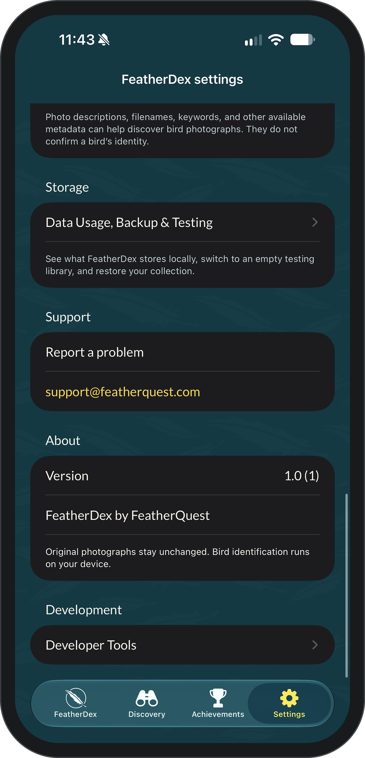 FeatherDex Settings screen showing the Storage, Support and About sections