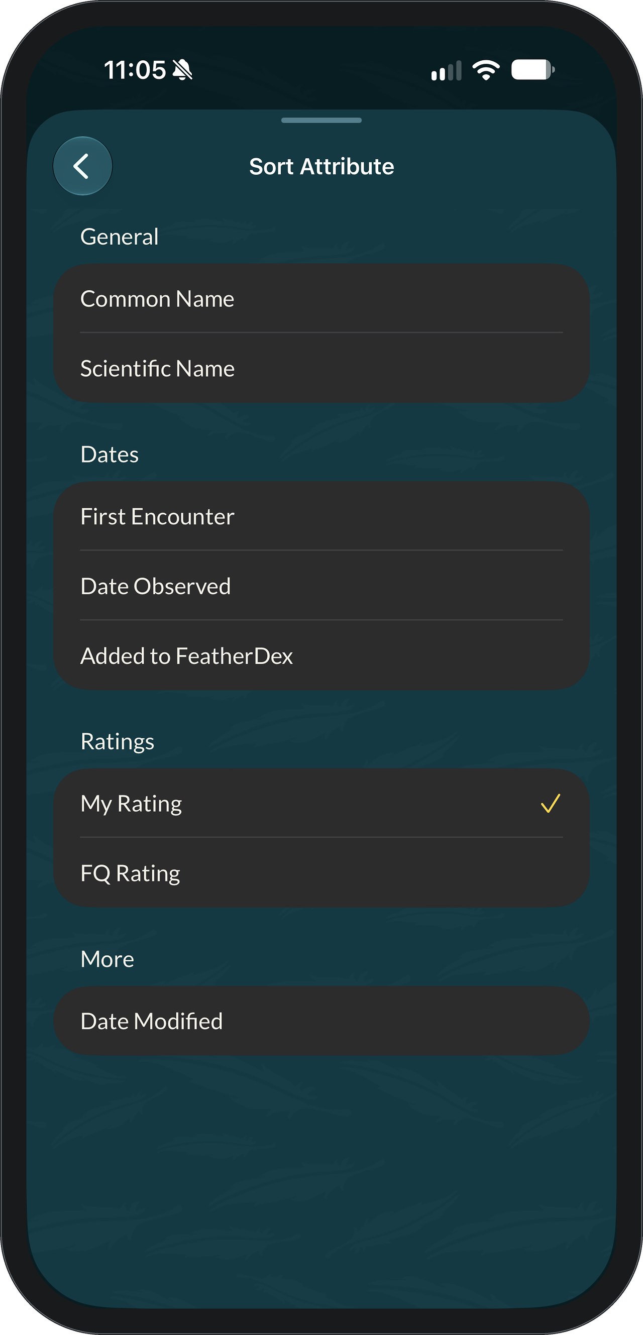 FeatherDex Sort Attribute sheet with Common Name and Scientific Name, dates for First Encounter, Date Observed and Added to FeatherDex, ratings for My Rating and FQ Rating, and Date Modified