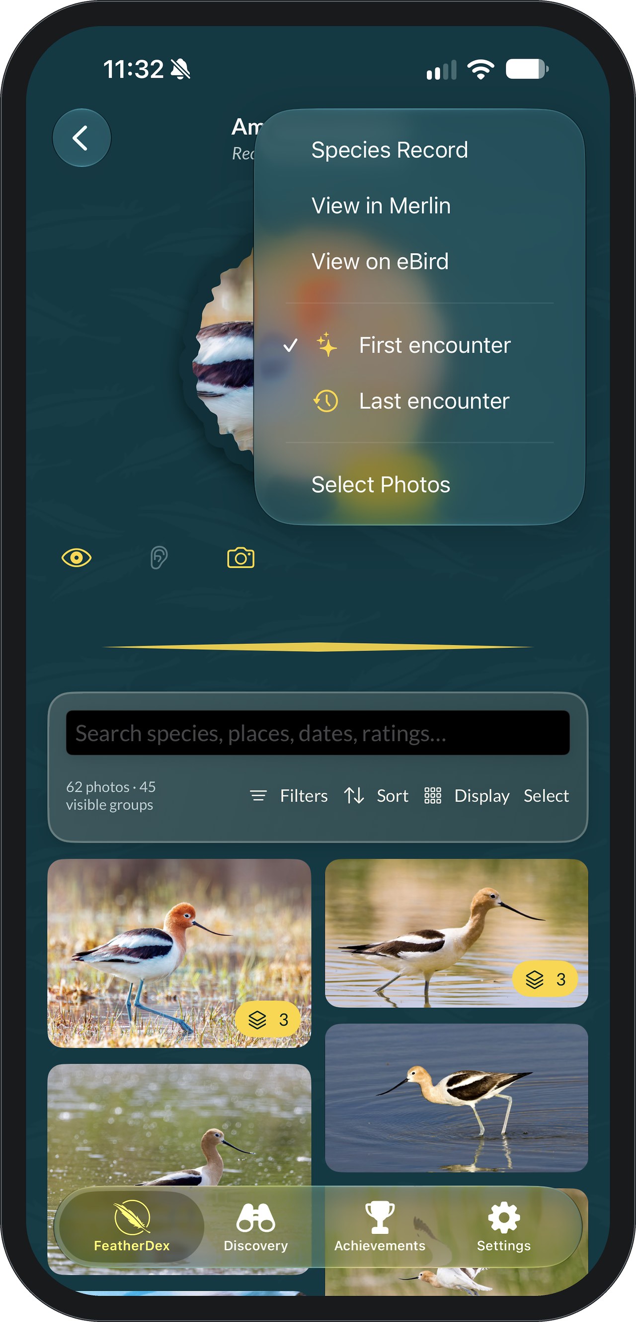 FeatherDex species menu open, listing Species Record, View in Merlin, View on eBird, First encounter, Last encounter, and Select Photos