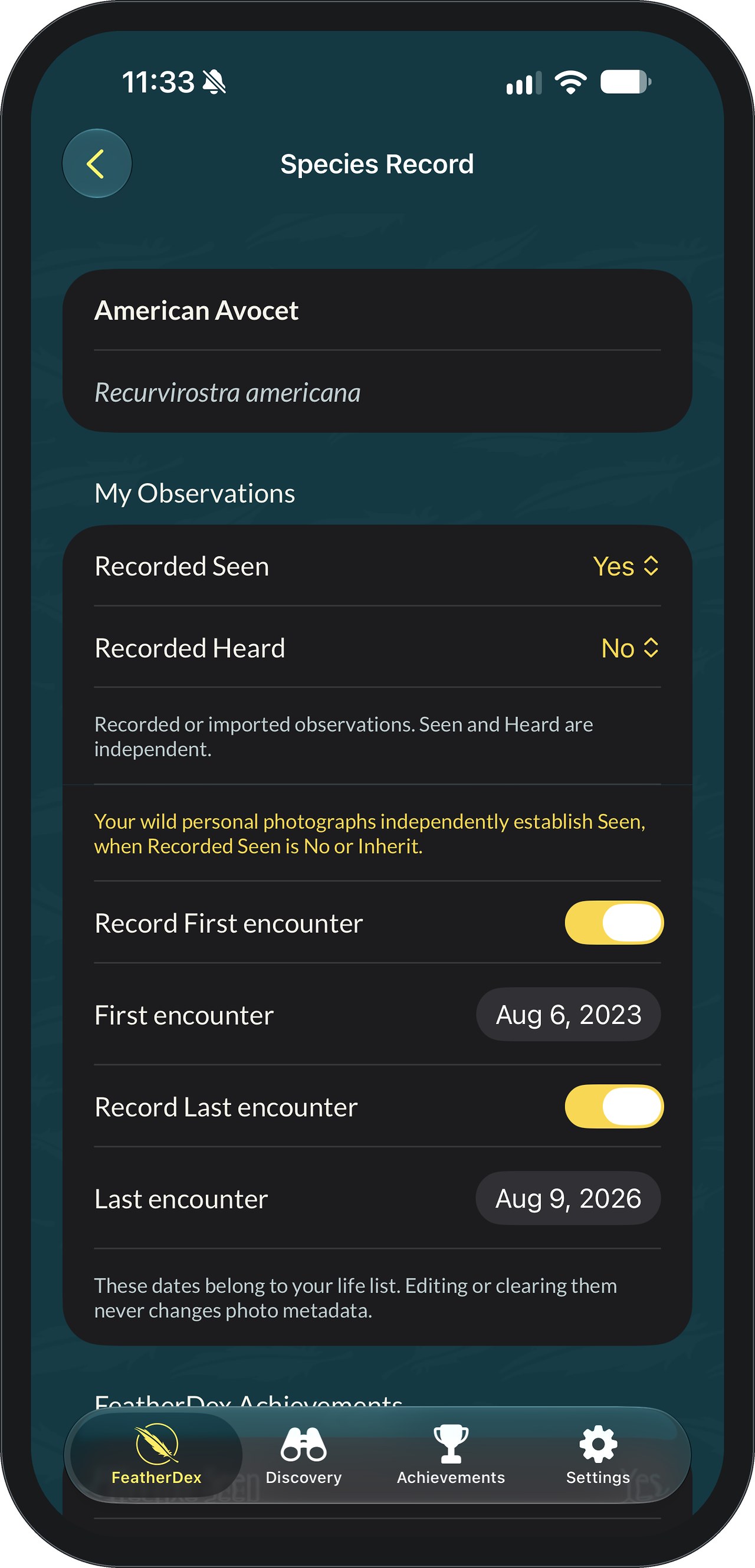 FeatherDex Species Record for American Avocet, with Seen and Heard switches and the species’ first encounter and last encounter dates