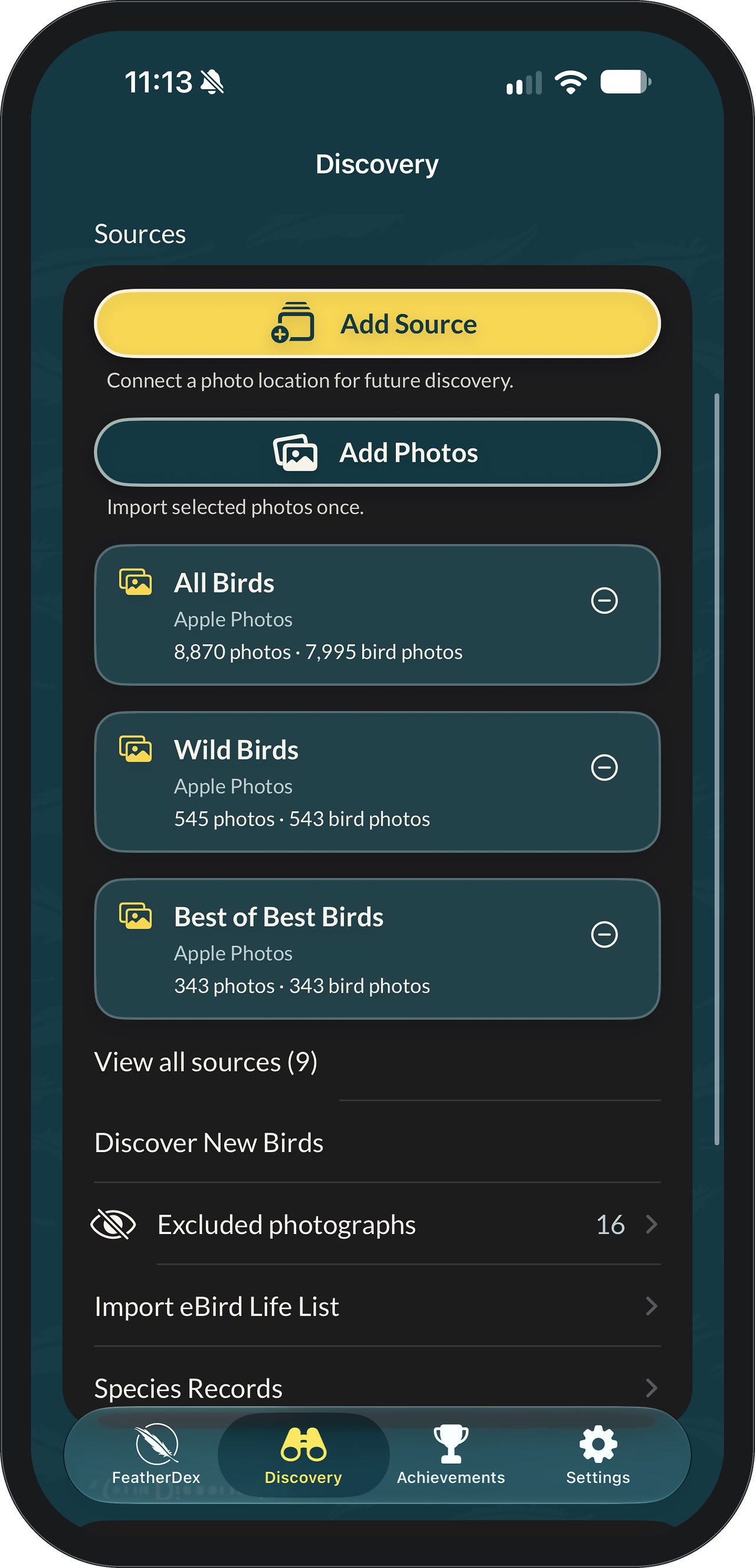 FeatherDex Discovery screen listing photo sources: Add Source and Add Photos buttons above three Apple Photos albums named All Birds, Wild Birds and Best of Best Birds, each with its photo and bird-photo counts, followed by View all sources, Discover New Birds, Excluded photographs and Import eBird Life List