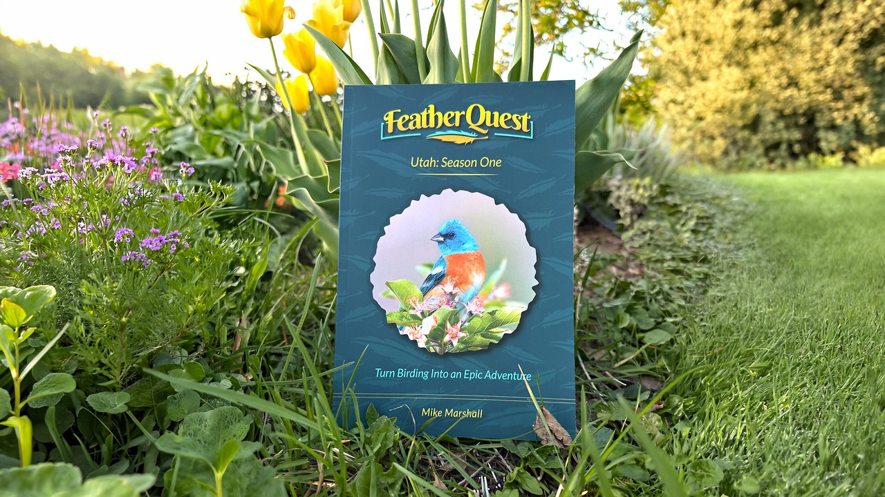 FeatherQuest Utah Season One book standing in spring grass among yellow tulips