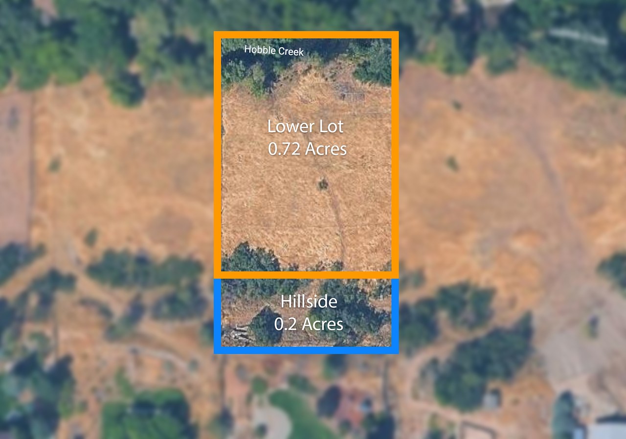 Aerial view of Hobble Creek property with highlighted habitat zones showing approximately one acre of potential restoration area along the creek