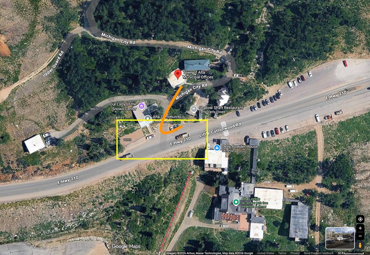 Map showing suggested parking and walking route to the Alta office feeders at Alta Ski Area