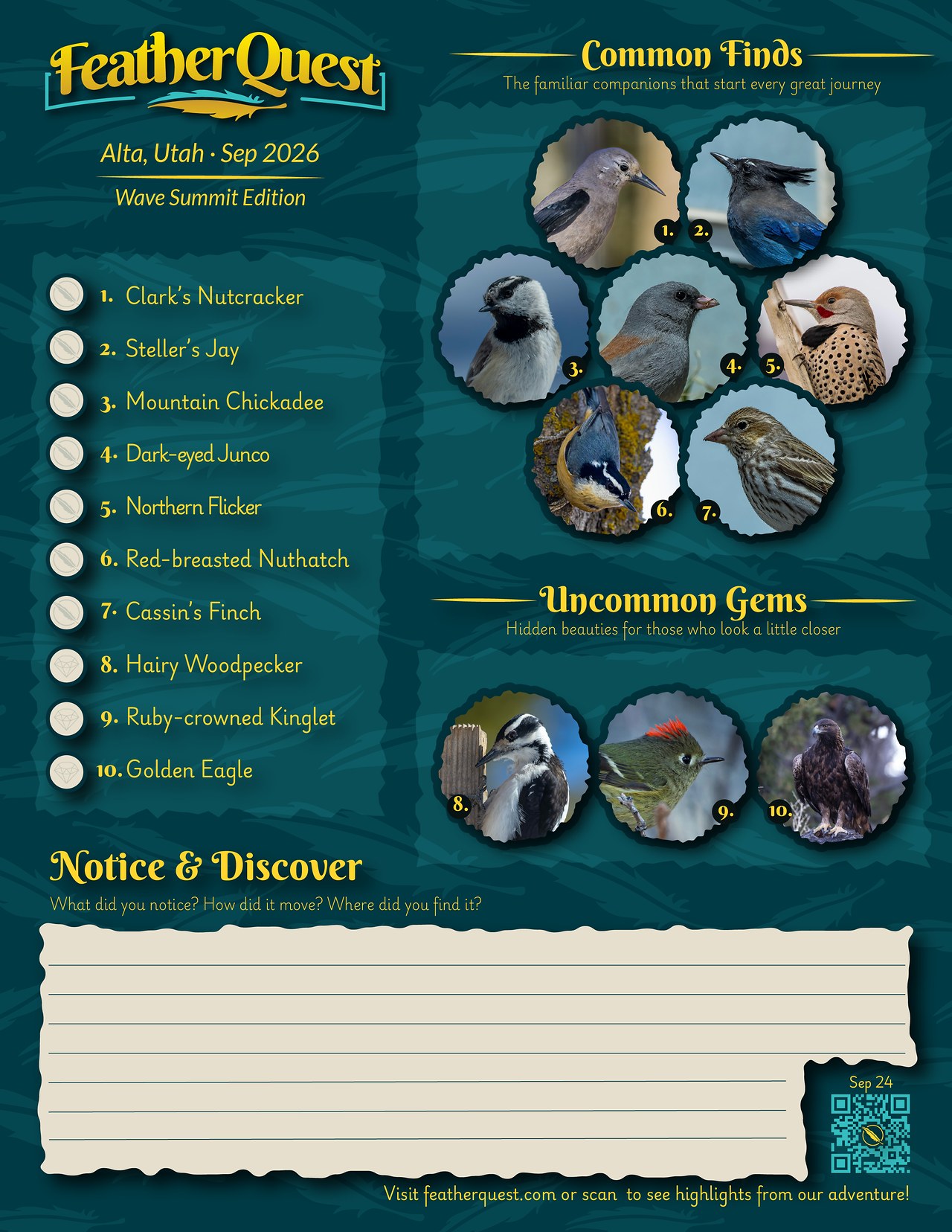 FeatherQuest Alta Utah September 2026 field guide featuring ten target birds