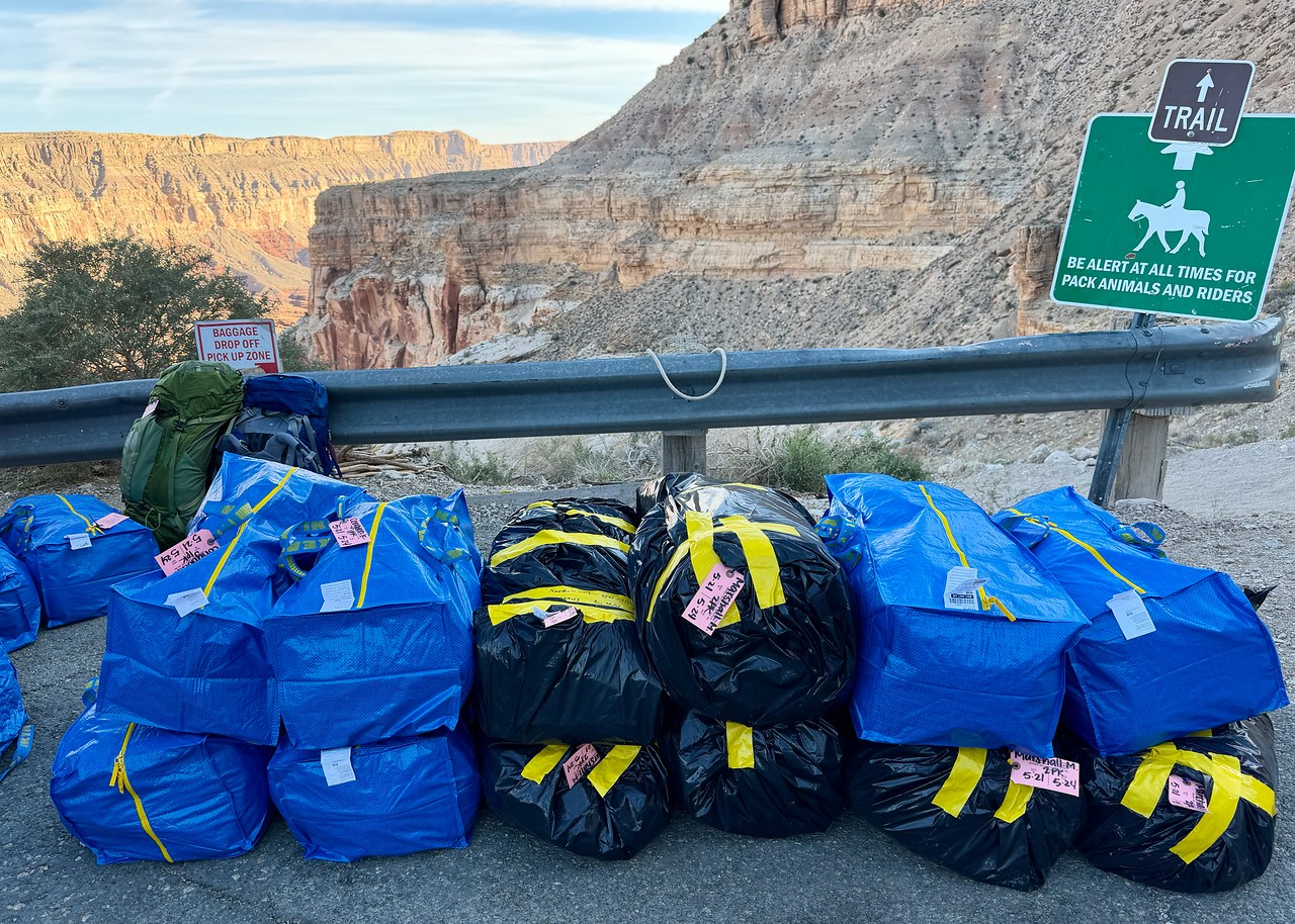 Large pile of backpacks at Hilltop