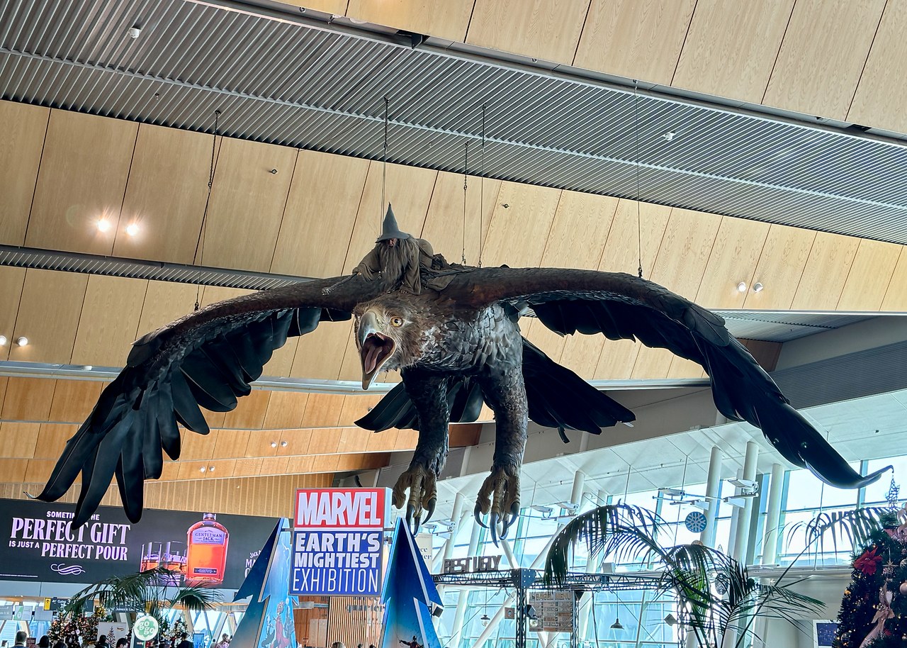 Gandalf riding a giant Great Eagle suspended above the terminal at Wellington International Airport in New Zealand.