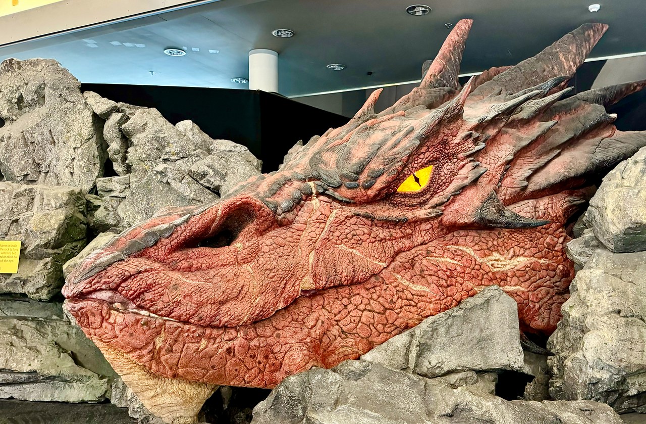Large Smaug dragon display inside Wellington Airport in New Zealand.