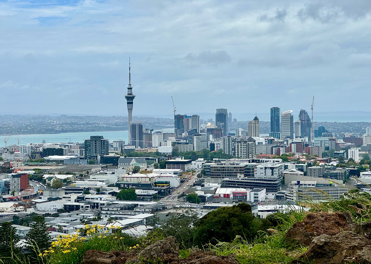 View of Auckland skyline and harbor from One Tree Hill