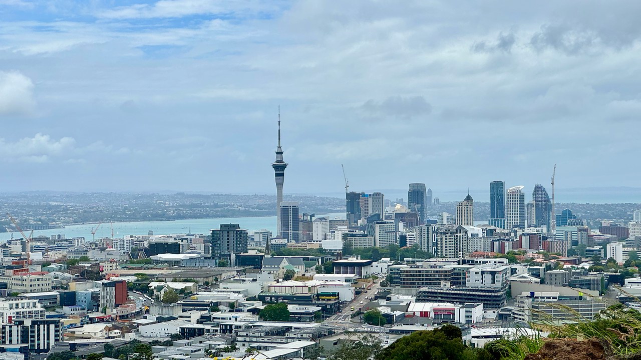 View of Auckland skyline and harbor from One Tree Hill in New Zealand