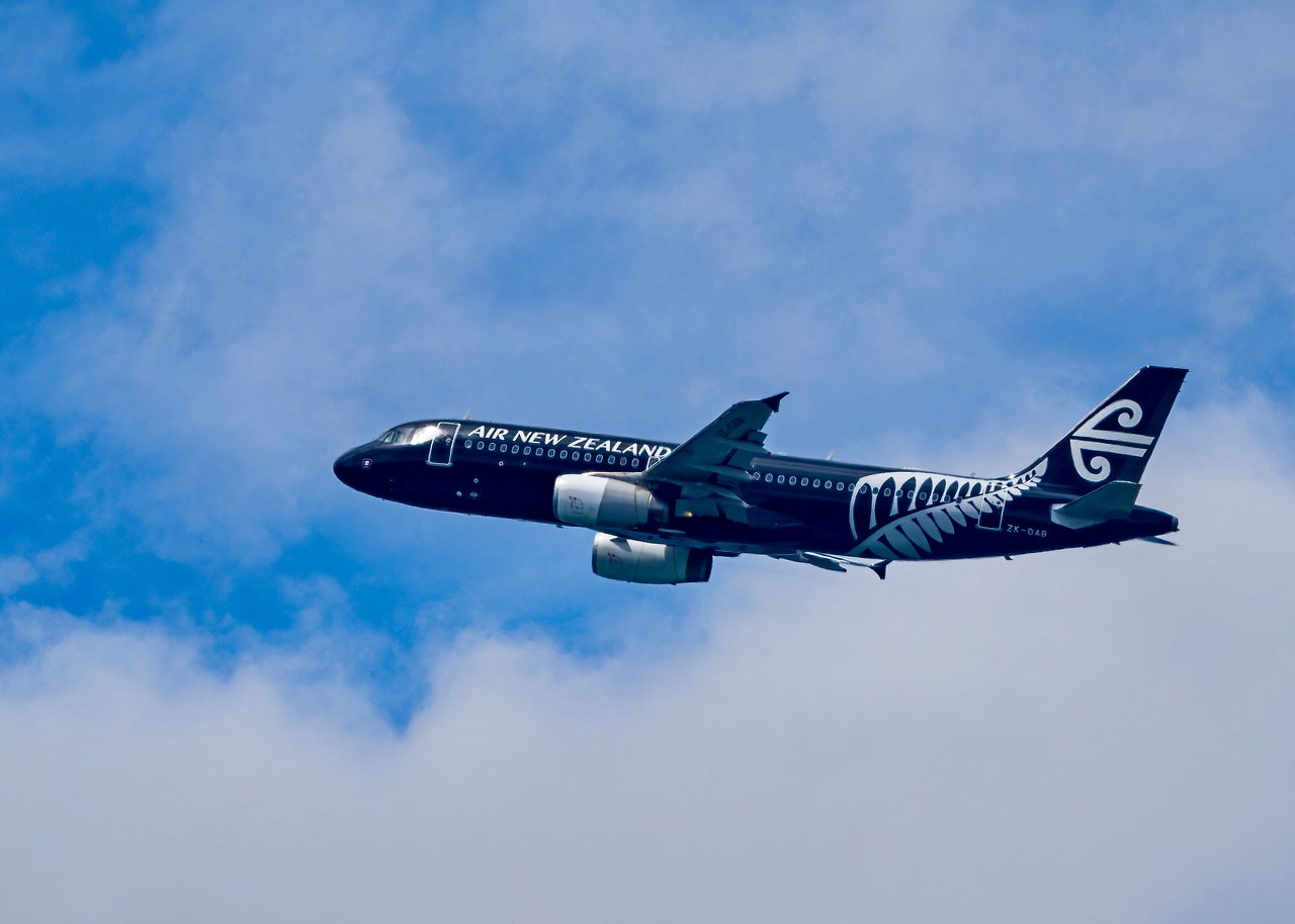Air New Zealand plane flying through bright clouds above Aotearoa