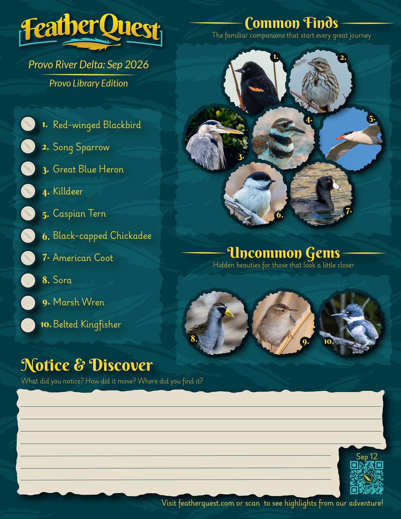 FeatherQuest Provo River Delta September 2026 field trip worksheet showing seven Common Finds and three Uncommon Gems