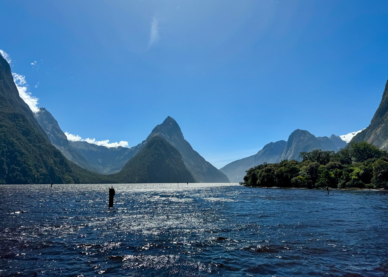 Mitre Peak rising above the Milford Sound docks before boarding the cruise