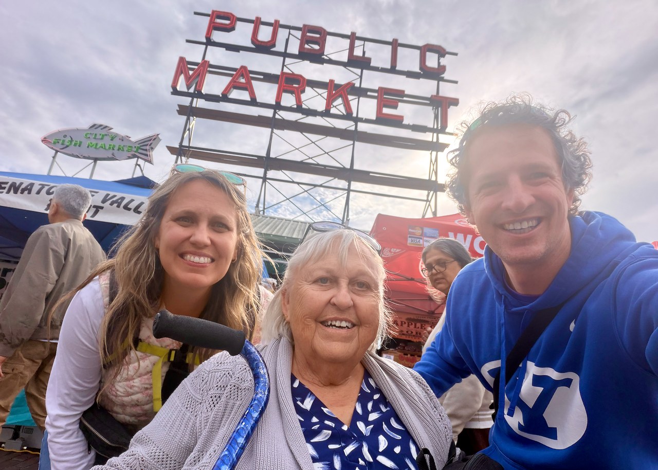 Mike, Stacy, and Stacy's mom together at Pike Place Market in Seattle