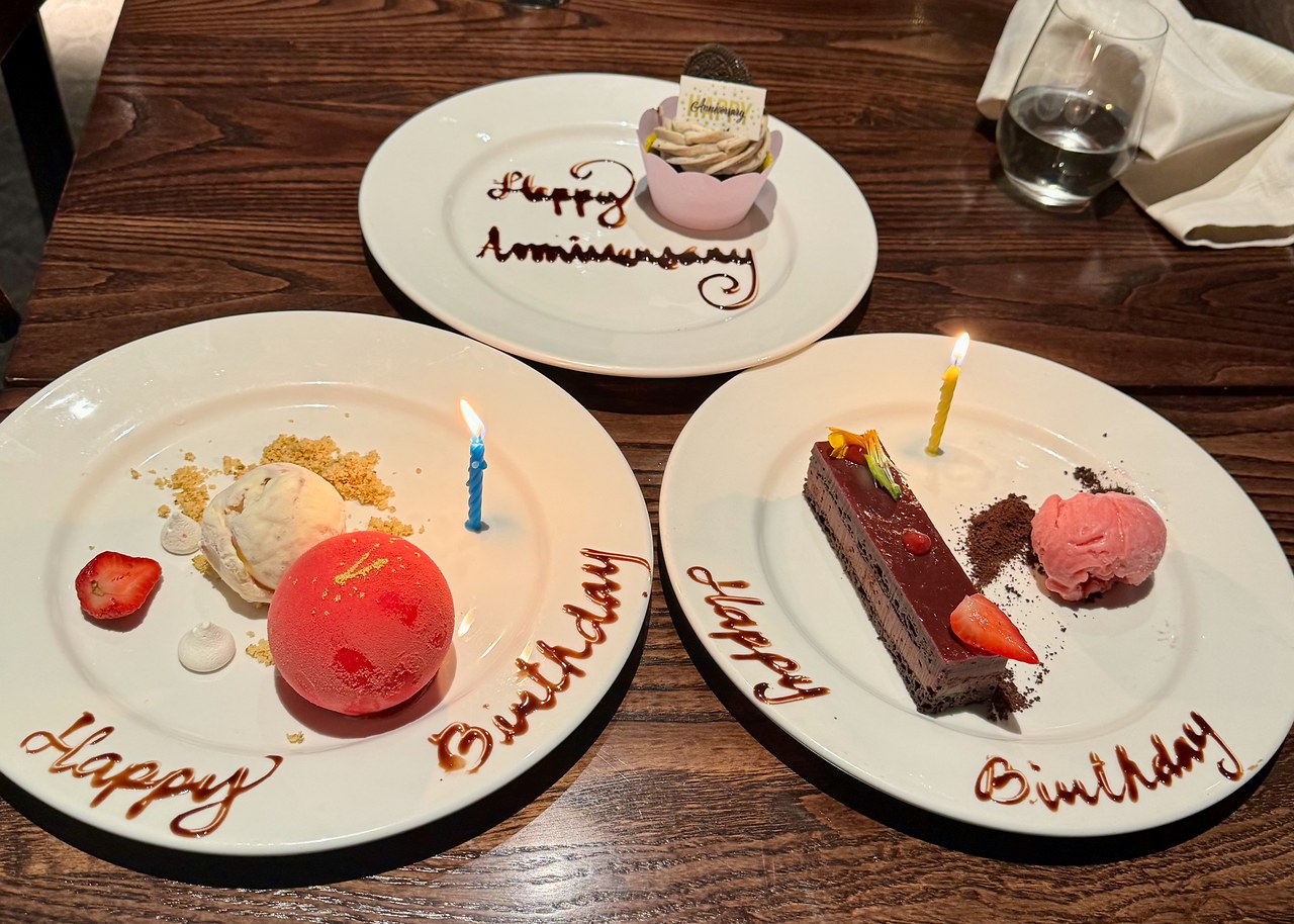 Birthday and anniversary desserts served during dinner at Auckland's Sky Tower.
