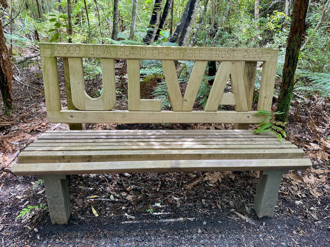 Wooden bench along a forest trail on Ulva Island