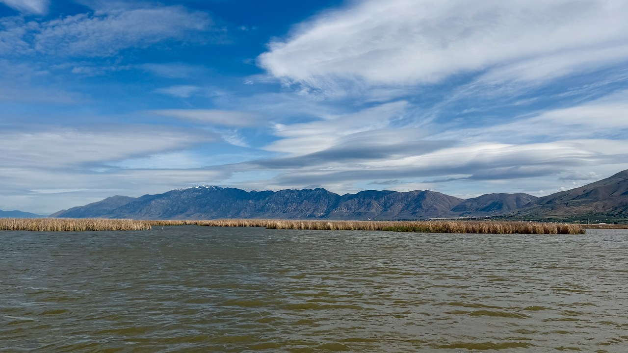 Willard Bay wetland channel with open water, phragmites, distant mountains, and dramatic spring clouds