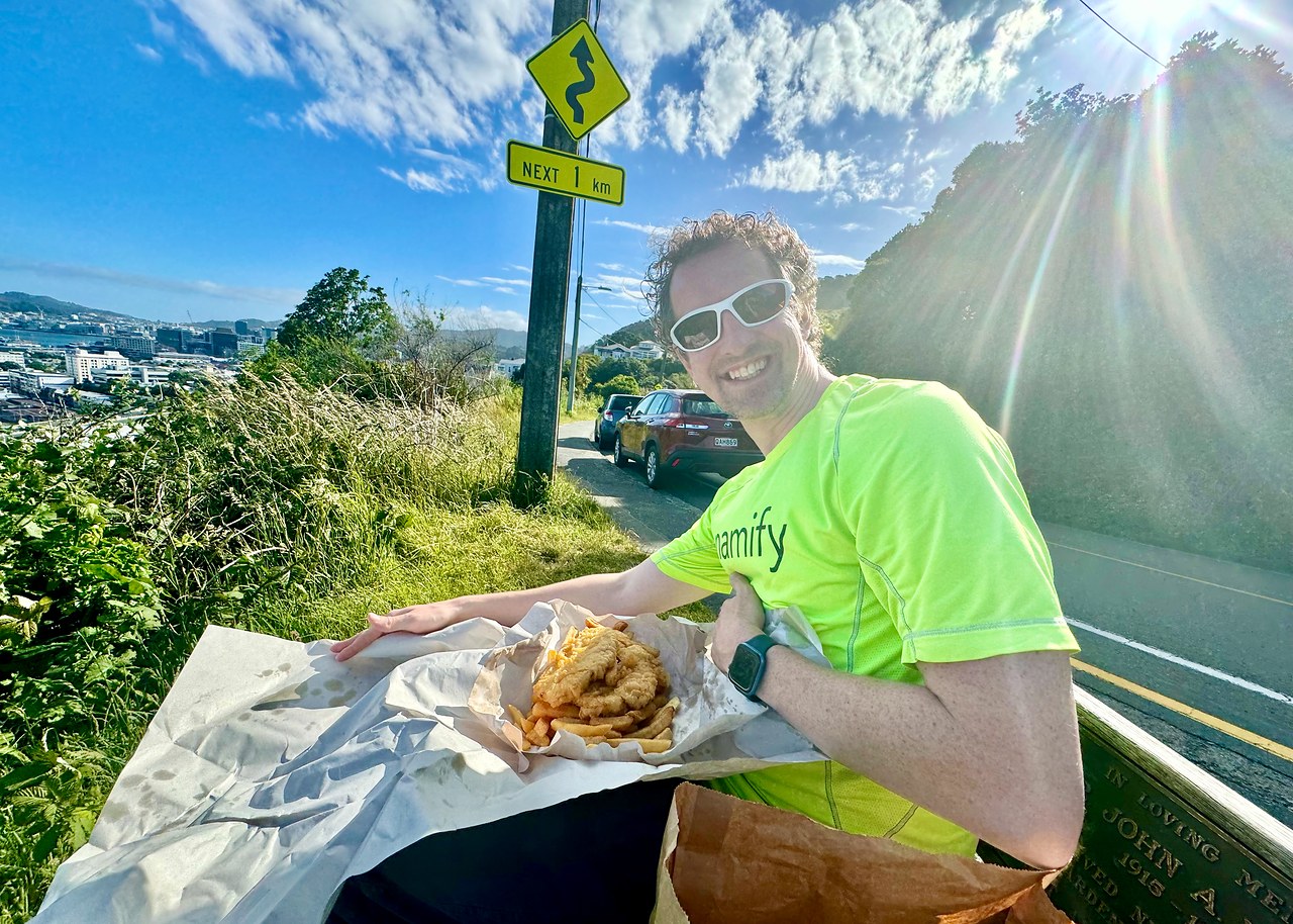 Fish and chips dinner with a view over Wellington Harbor in New Zealand.
