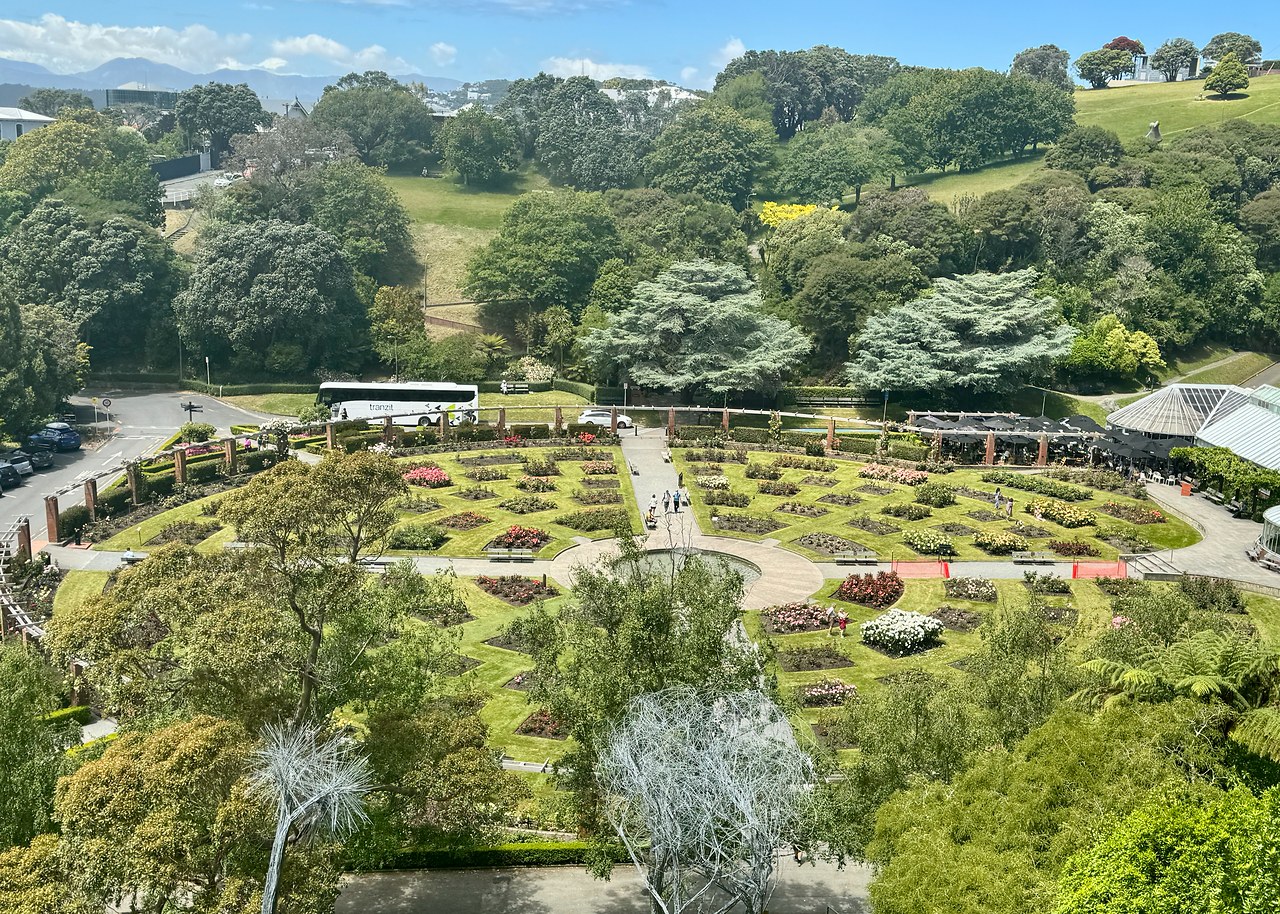 Overlook of the Lady Norwood Rose Garden and surrounding Wellington Botanic Garden from above in Wellington, New Zealand.
