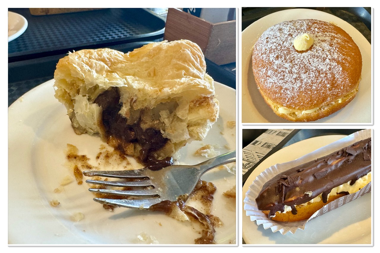 Lunch pies and desserts on a table at a bakery in Wellington, New Zealand.