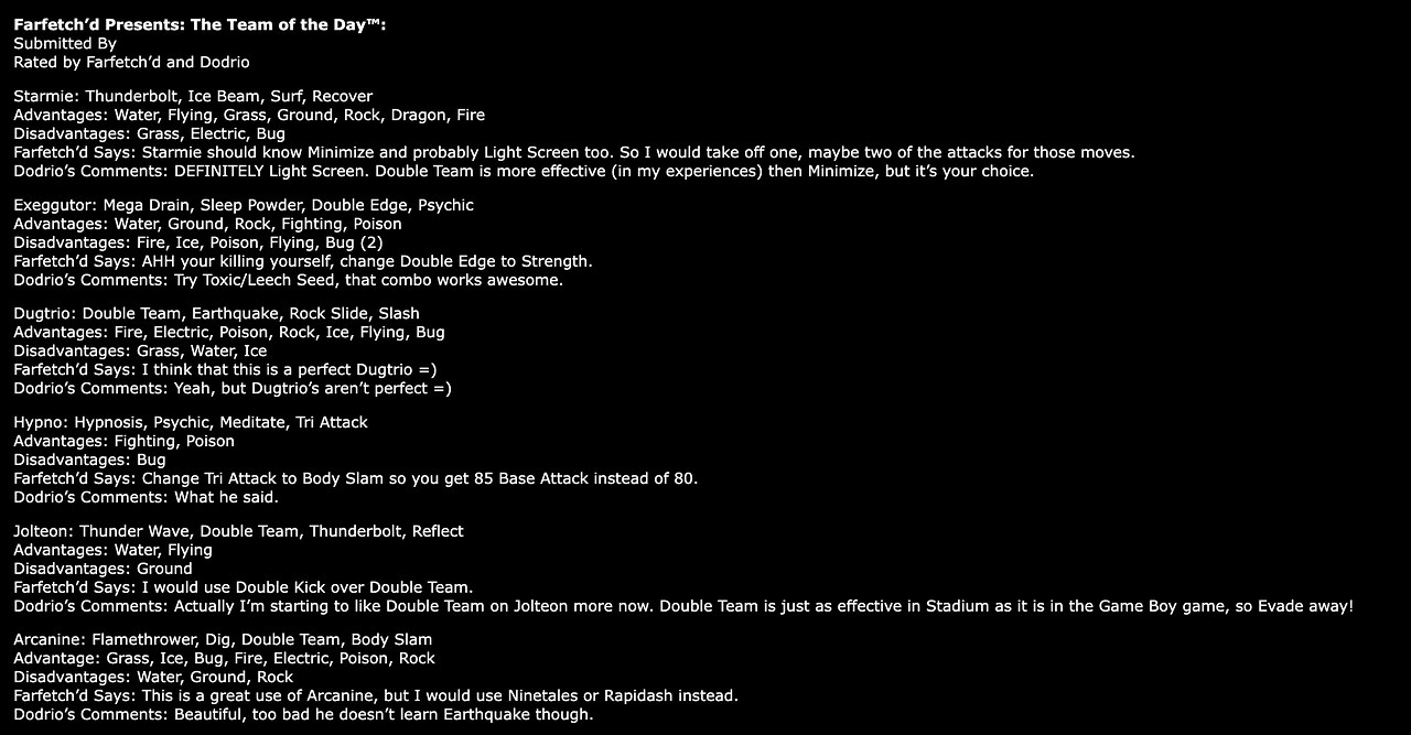 Archived screenshot of Farfetch’d reviewing a Pokémon team on The PokéMasters