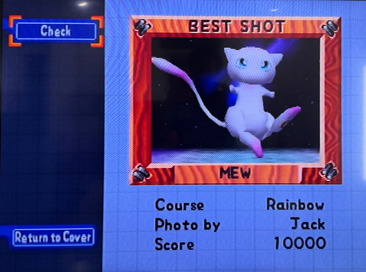 Pokémon Snap Best Shot screen showing Mew with a score of 10000