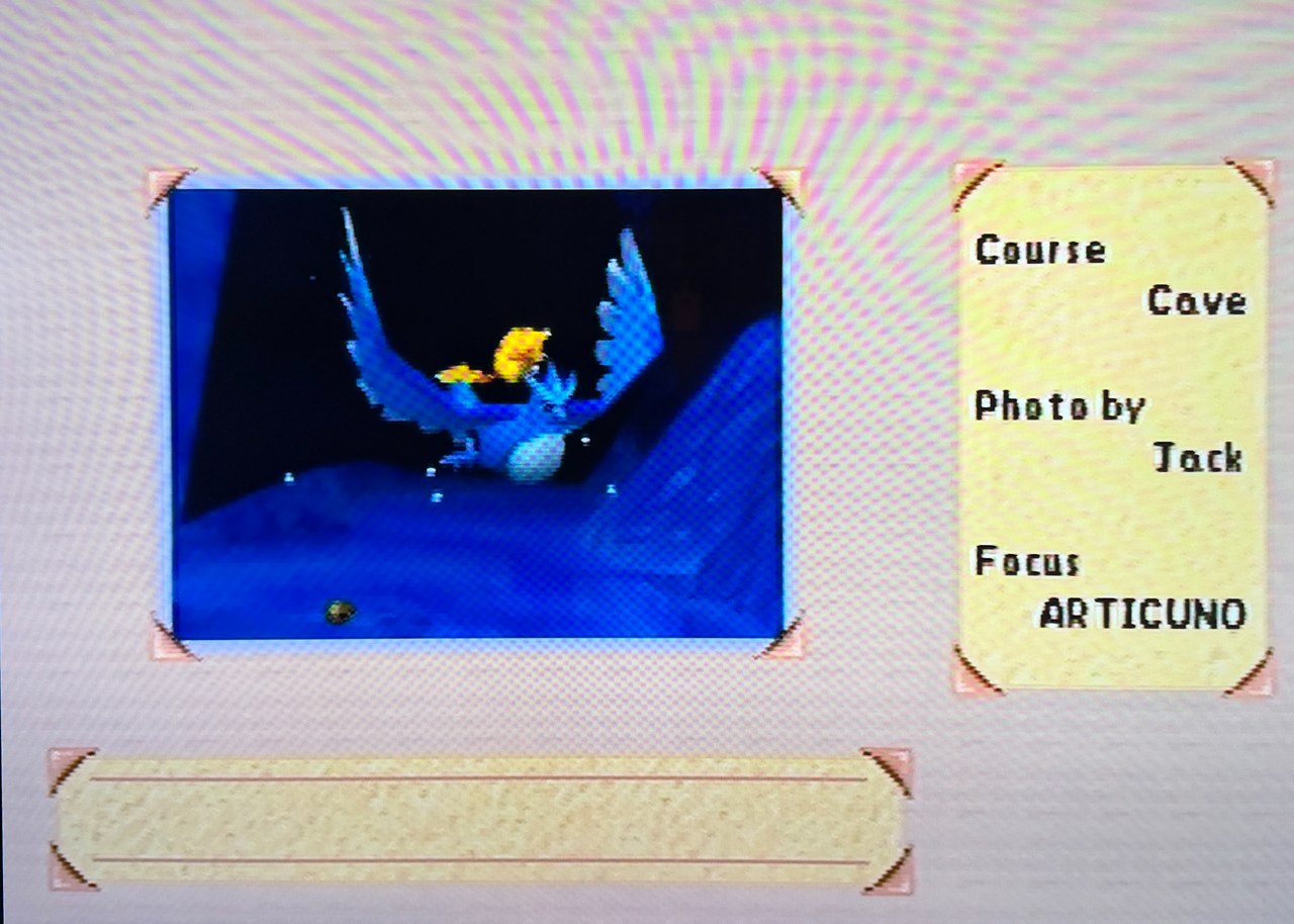 Pokémon Snap screenshot showing Pikachu riding Articuno