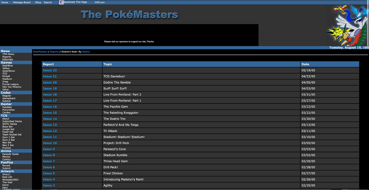 Archived screenshot of The PokéMasters website from the year 2000